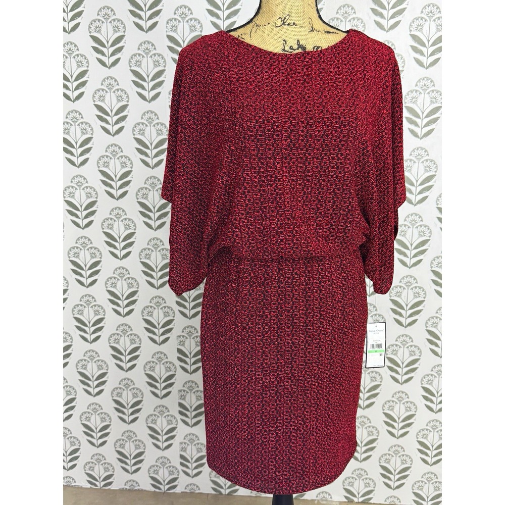 Jessica Howard Dress 8P Red Black Drape Sheath Knit Metallic Boat Neck Lined NWT